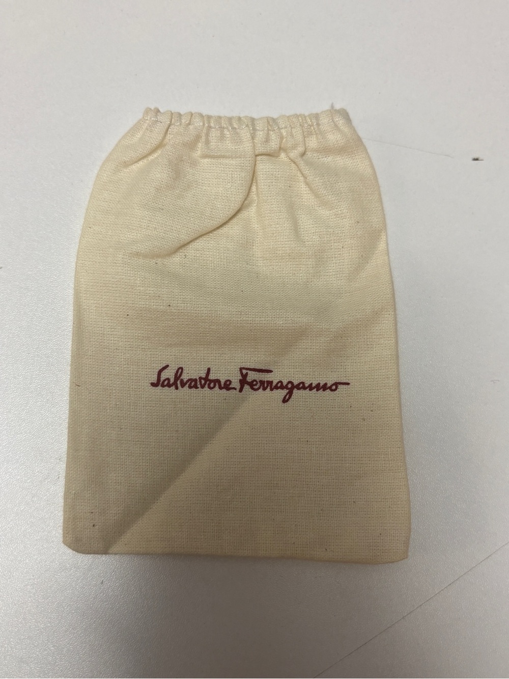 Salvatore Ferragamo Cream Drawstring Jewelry Dust Bag with Burgundy Logo